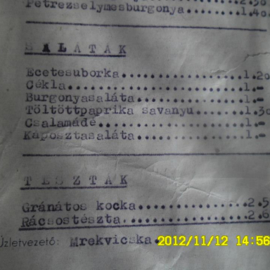 Az Arany Bárány étlapja