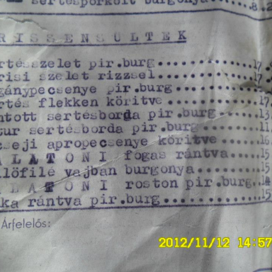 Az Arany Bárány étlapja